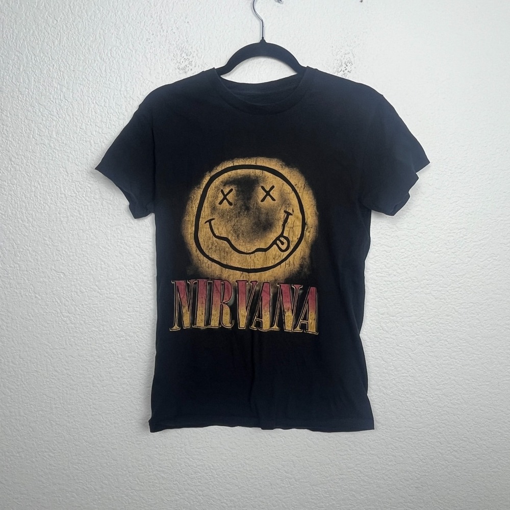 Nirvana Gradient Smile Face T Shirt Mens‎ Black Graphic Print Crew Neck Casual S